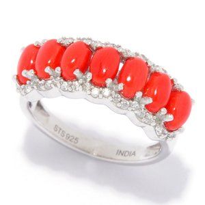 Gem Treasures Mediterranean Red Coral & White Zircon Band Ring. Size: 5